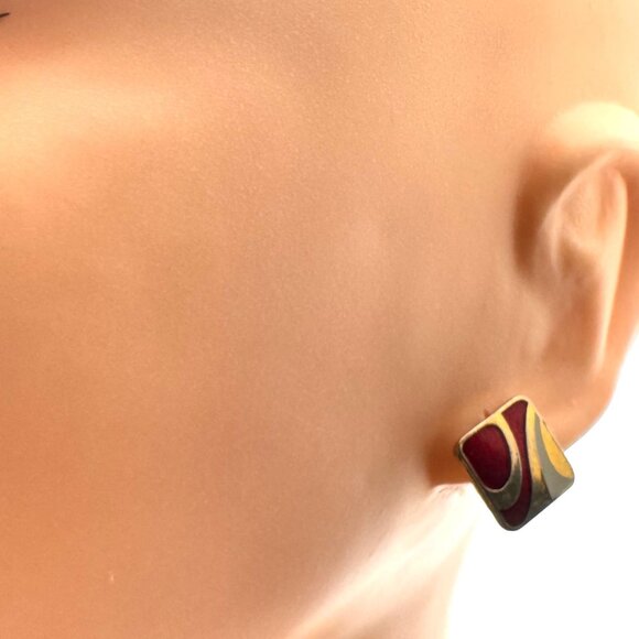 Samuel Huang Cloisonné Vintage Earrings 7/8" Red Gold Gray Enamel Square Stud - Picture 7 of 8